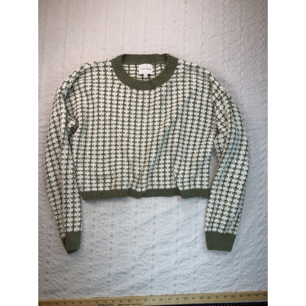 Pink Rose Sweater Womens L Cropped Textured Knit Sage Green Cream Cozy Casual